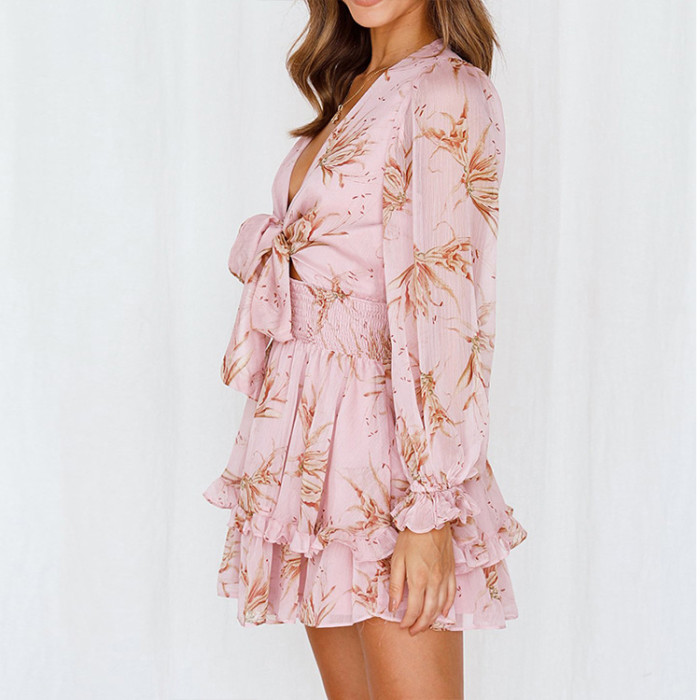 Fashion Ladies Floral Tie Temperament V Neck Chiffon Commuter Mini Dress