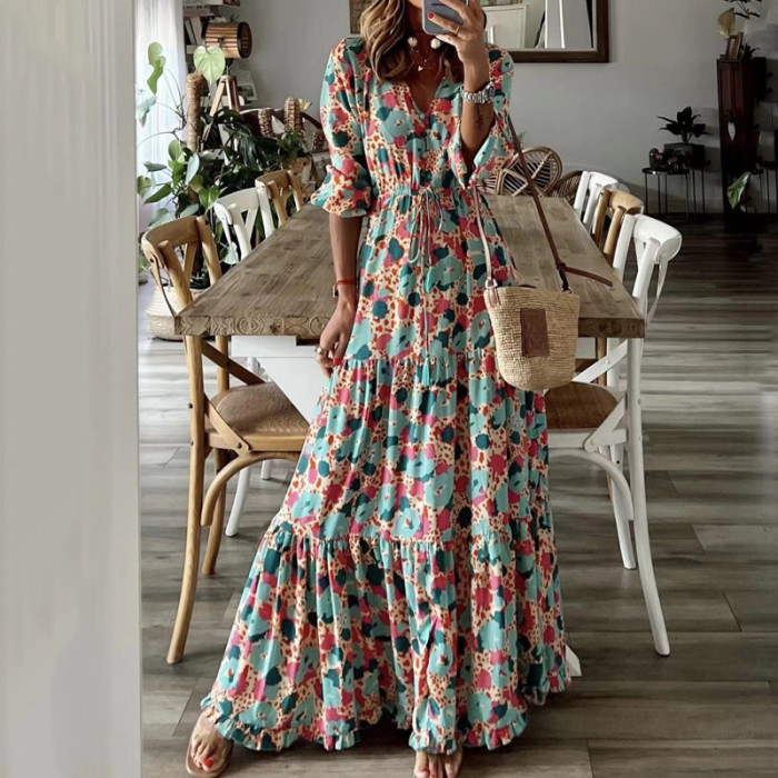 Fashion Casual Retro V Neck High Waist Summer Bohemian Tie  Maxi Dress