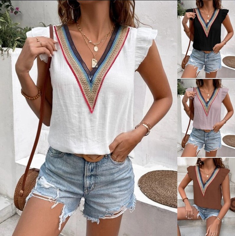 Ladies V Neck Lace Casual Solid Color Fashion Sexy Loose Top  Blouses & Shirts