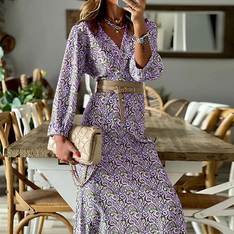 Celeste | Women's Boho Maxi Dress Long Sleeve Deep V-Neck Stripe Print main image 1