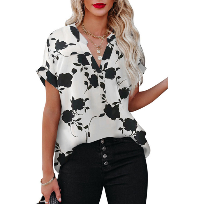 Women's Floral V Neck Short Sleeve Fashion Casual Elegant Office  Blouses & Shirts Top