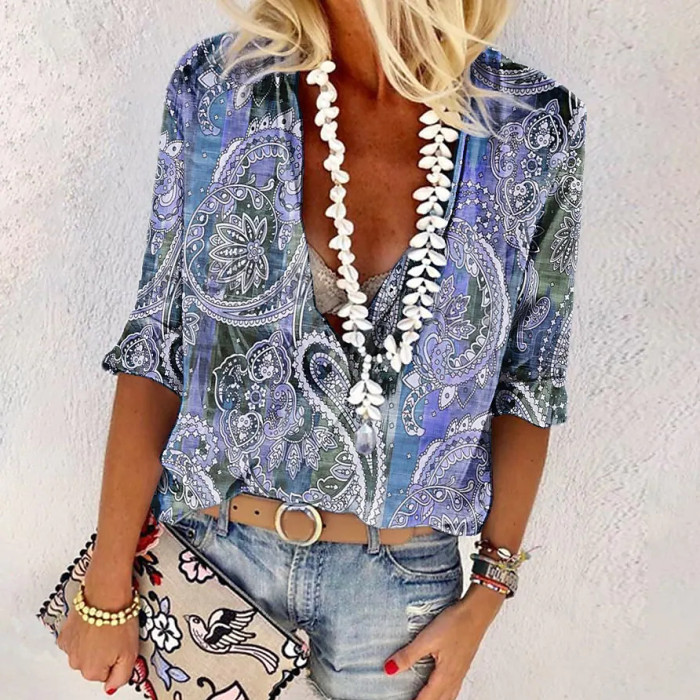 Women's V-Neck Printed Panel Casual Resort  Blouses & Shirts