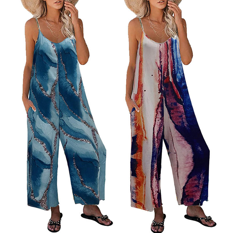 Summer Women's Fashion Print Pocket Casual Strapless Jumpsuit