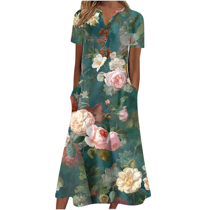 Summer Elegant Retro Vintage Floral V Neck Office  Casual Dress