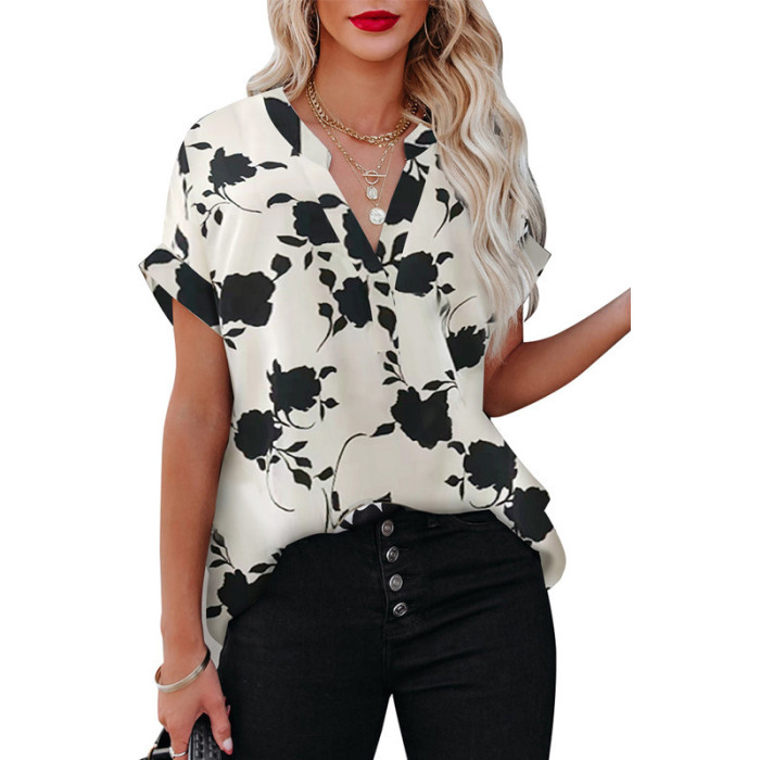 Women's Floral V Neck Short Sleeve Fashion Casual Elegant Office  Blouses & Shirts Top