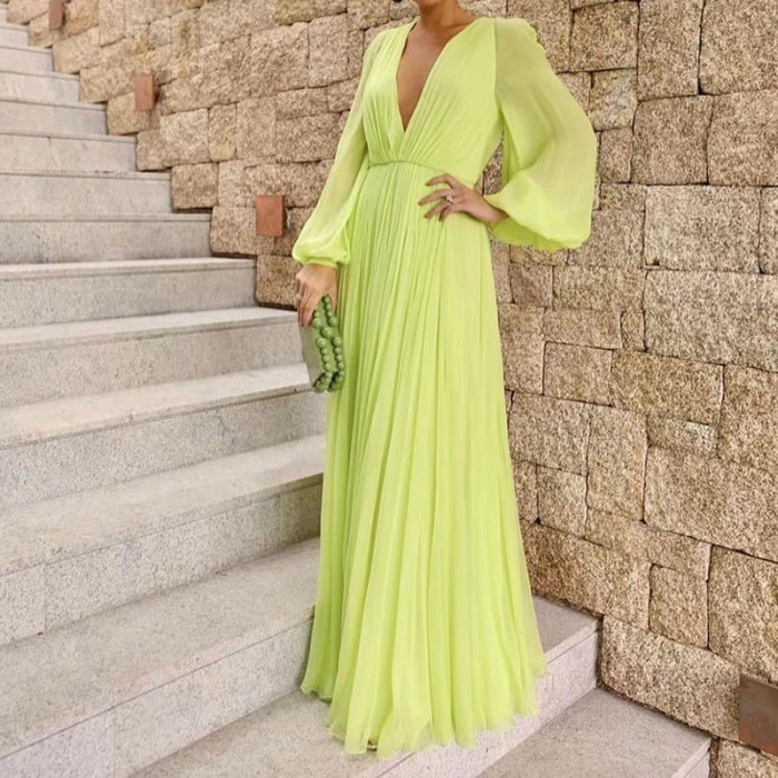 Sexy Deep V Neck Pleated Elegant Solid Color Fashion Loose  Maxi Dress