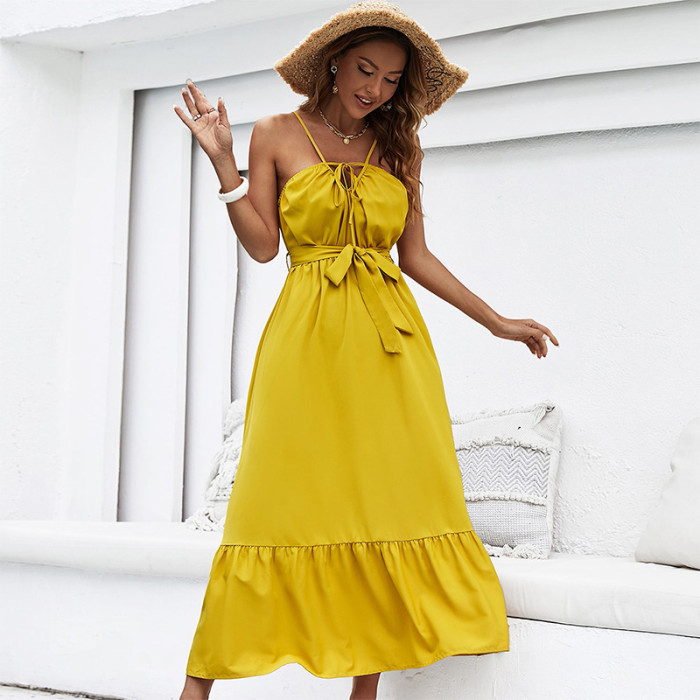 Fashion Solid Color Party Sexy Halter Neck Sling  Maxi Dress