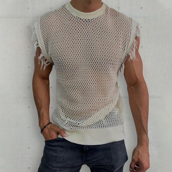 Summer Men's Sleeveless O Neck Casual Fringe Solid Color Shirt