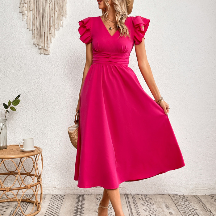 Summer Fashion Elegant V Neck Ruffle Sleeves Solid Color High Waist  Midi Dress