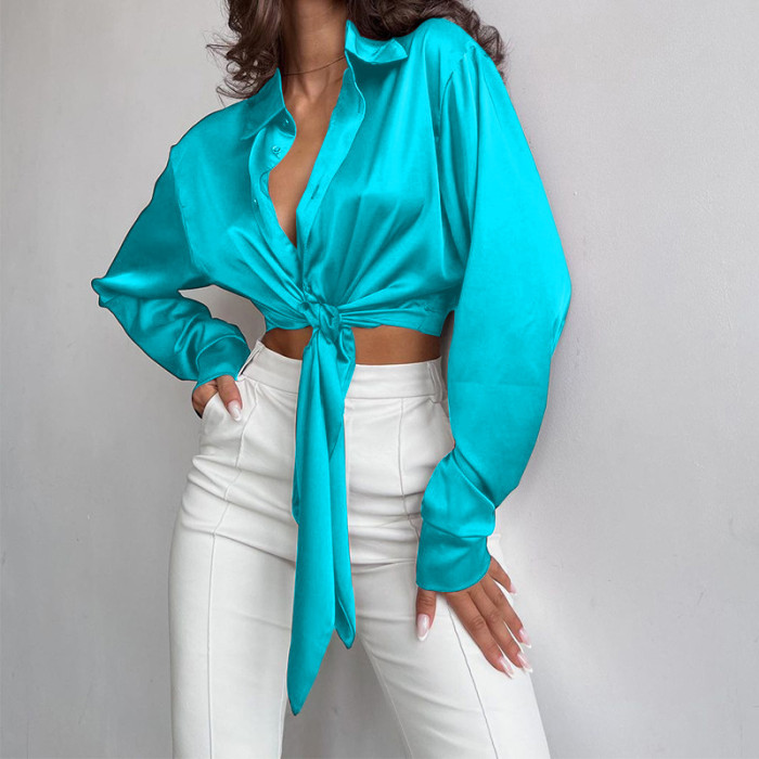 Fashion Temperament Lapel Long Sleeve Tie Navel Cropped Top  Blouses & Shirts