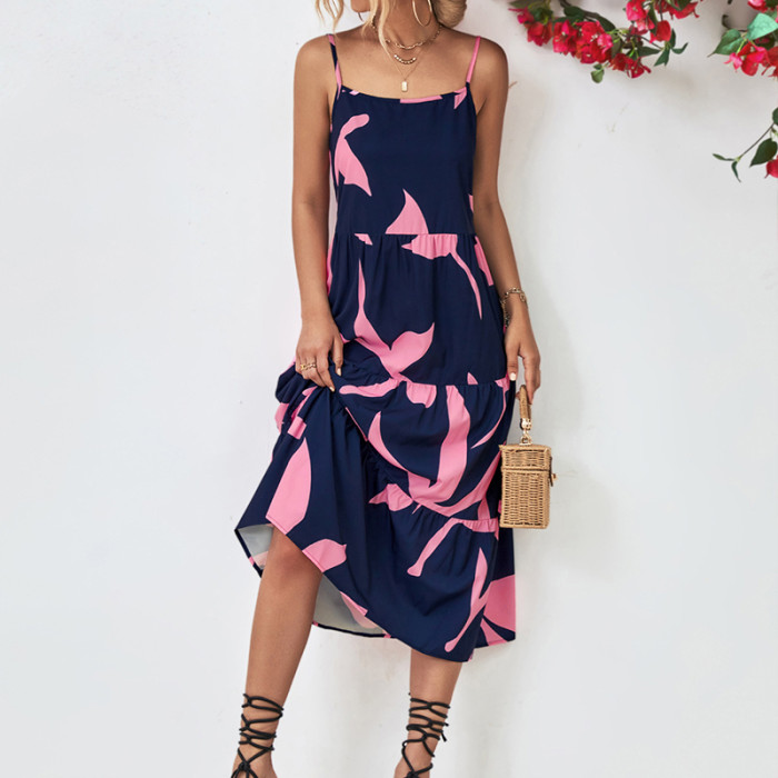 Women's Fashion Holiday Print Fashion Suspenders Strapless Beach  Maxi Dress