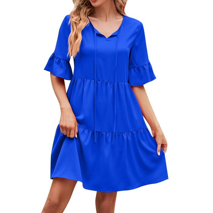Summer V Neck Loose Casual Solid Color Fashion Floral Mini Dress