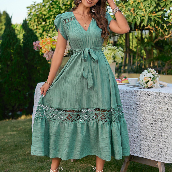 Summer Fashion V Neck High Waist Tie Fashion Casual  Midi Dress