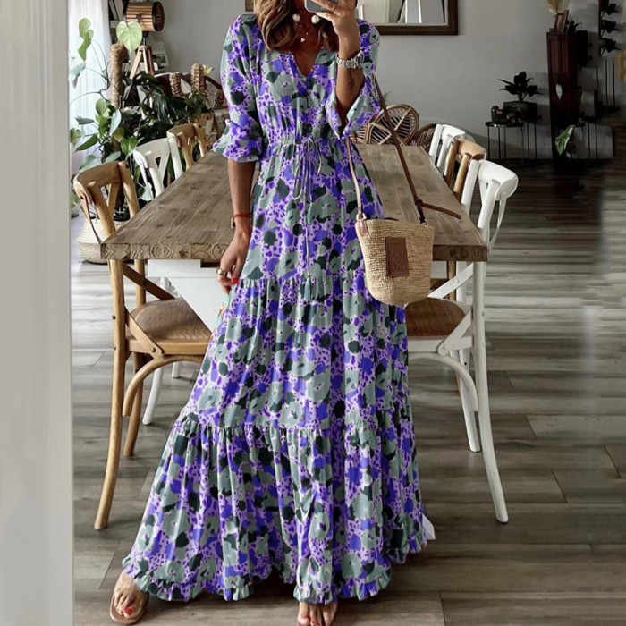 Fashion Casual Retro V Neck High Waist Summer Bohemian Tie  Maxi Dress