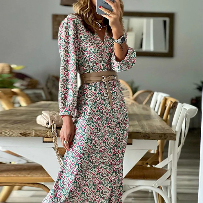 Elegant Casual V Neck Long Sleeve Printed Party A Line Boho Maxi Dress