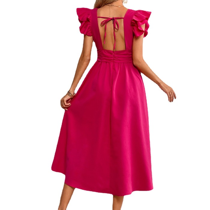 Summer Fashion Elegant V Neck Ruffle Sleeves Solid Color High Waist  Midi Dress
