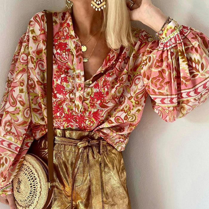 Elegant Single Breasted Office Casual Print V Neck Loose Boho Beach Blouses & Shirts