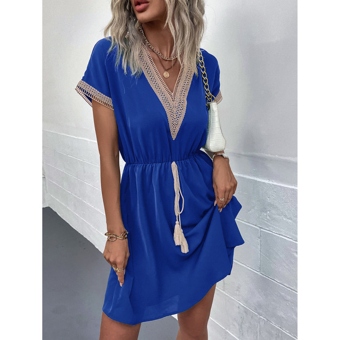Elegant Lace Vintage Party Cutout A Line Casual V Neck Tassel Mini Dress