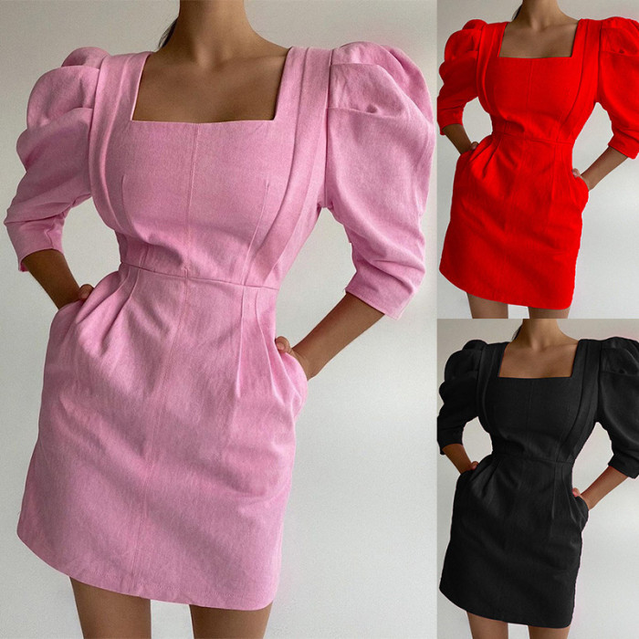 Elegant 3/4 Sleeve Solid Color Fashion Square Neck Linen Mini Dress