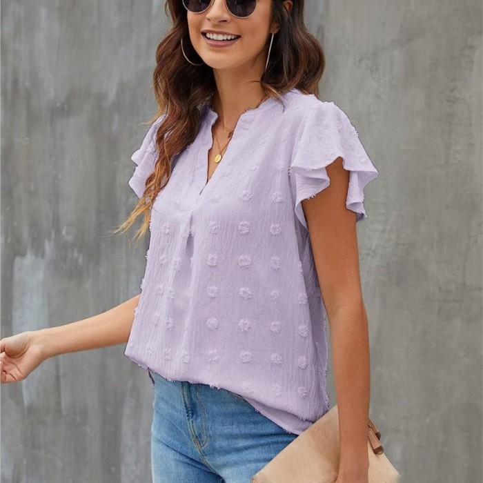 Women's V Neck Pleated Ruffle Sleeves Casual Loose  Blouses & Shirts