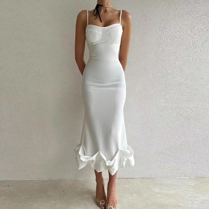 Summer Sleeveless Temperament Fishtail Sexy Solid Color  Elegant Backless Party  Maxi Dress
