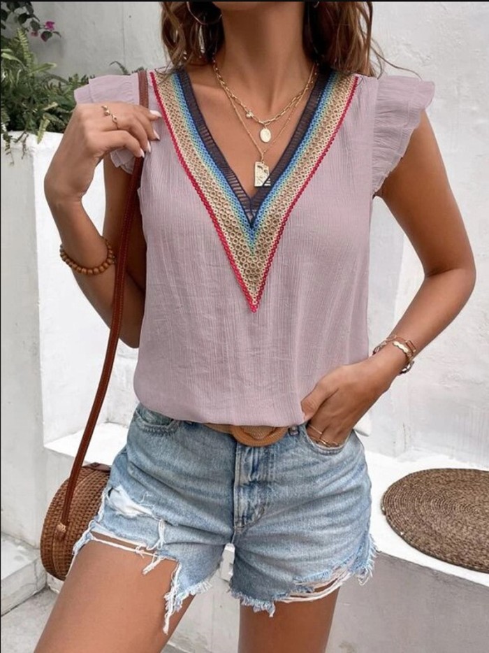 Ladies V Neck Lace Casual Solid Color Fashion Sexy Loose Top  Blouses & Shirts