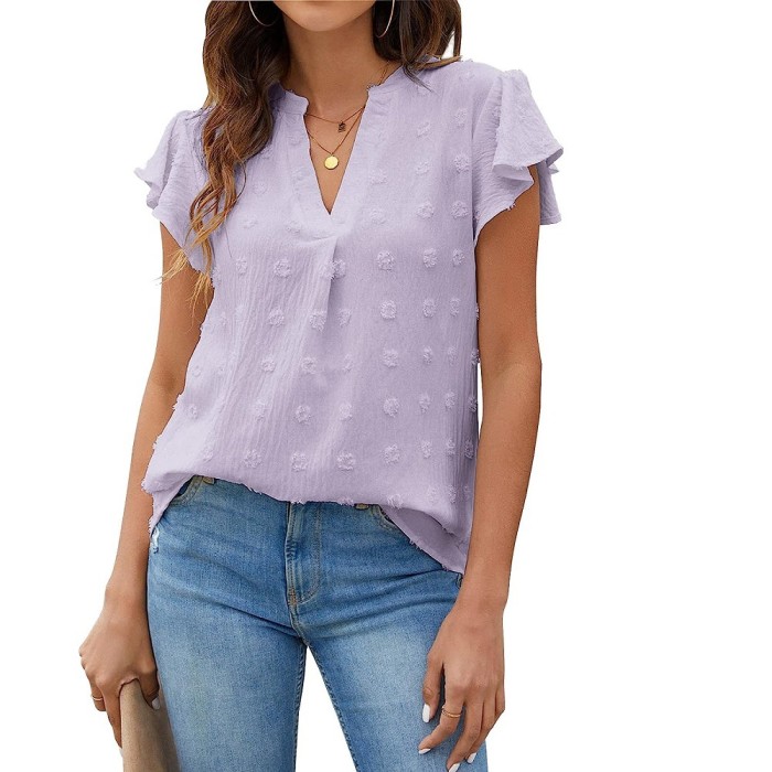 Women's V Neck Pleated Ruffle Sleeves Casual Loose  Blouses & Shirts