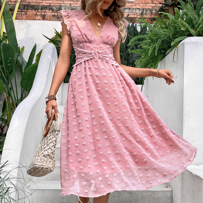 Women's Fashion Loose Casual Jacquard Ruffle Midi Dress