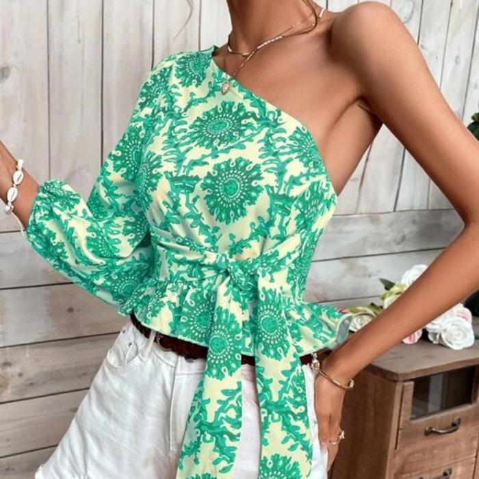 Fashion Sexy One Shoulder Ladies Solid Color Summer Tops  Blouses & Shirts