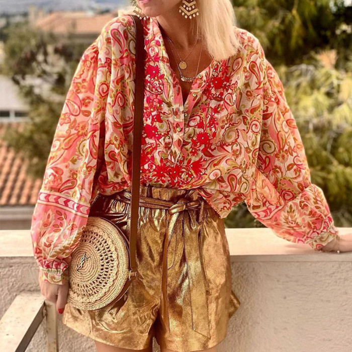 Elegant Single Breasted Office Casual Print V Neck Loose Boho Beach Blouses & Shirts