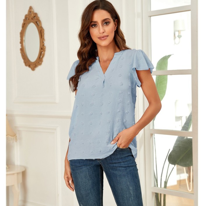 Women's V Neck Pleated Ruffle Sleeves Casual Loose  Blouses & Shirts