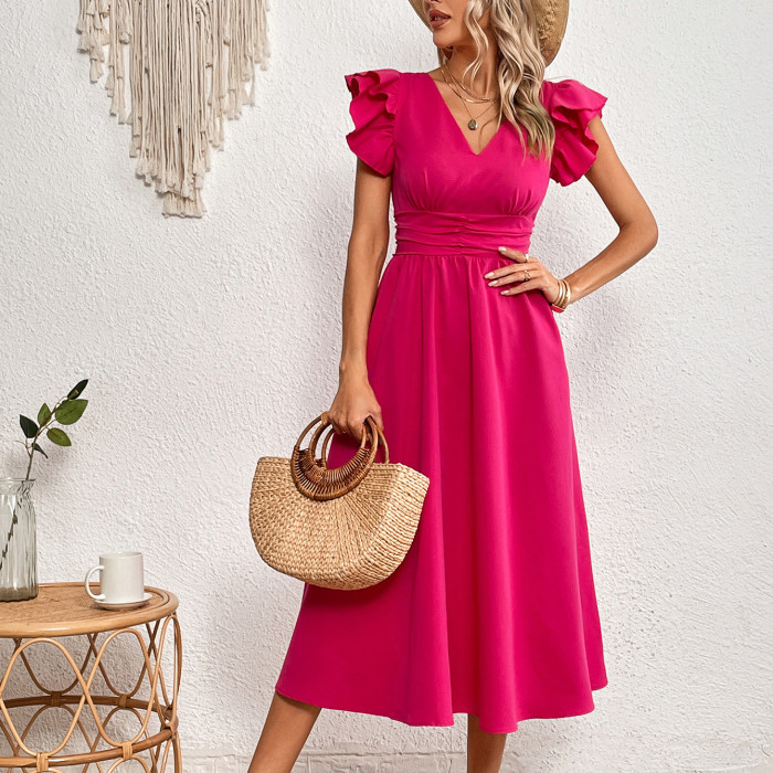 Summer Fashion Elegant V Neck Ruffle Sleeves Solid Color High Waist  Midi Dress