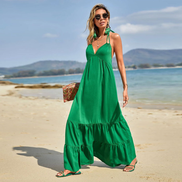 Women's Sexy Backless Fashion Suspenders Big Skirt Beach  Maxi Dress