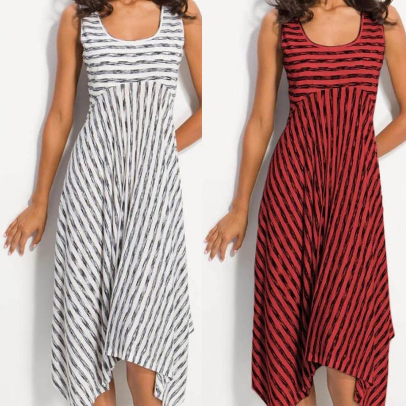 Summer U-neck Sleeveless Irregular Stripe Print Sexy Casual Midi Dress