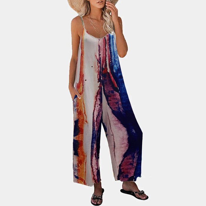 Summer Women's Fashion Print Pocket Casual Strapless Jumpsuit