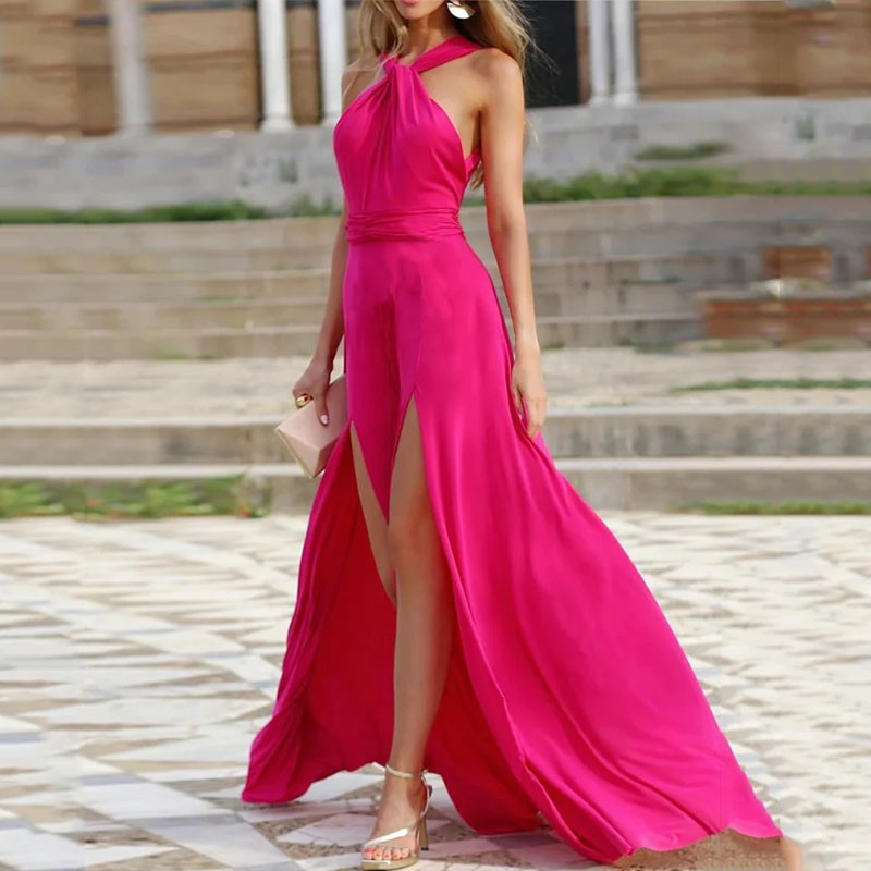 Women's Fashion Solid Sleeveless Backless Slit Party Maxi Dress