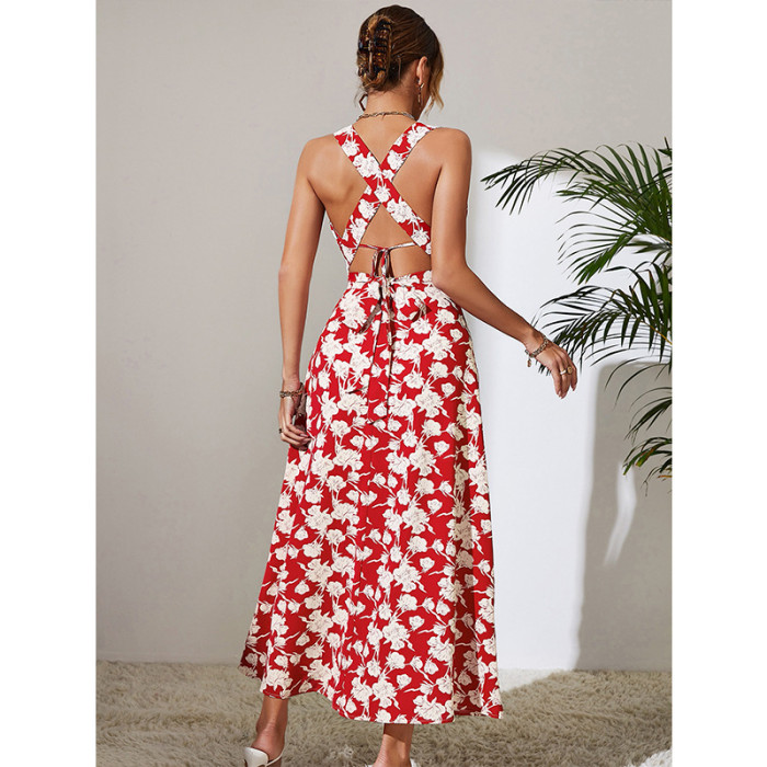 Fashion Summer High Waist Backless Solid Color Elegant  Maxi Dress