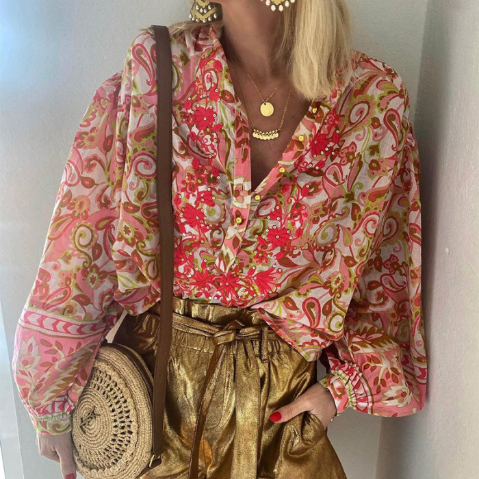 Elegant Single Breasted Office Casual Print V Neck Loose Boho Beach Blouses & Shirts