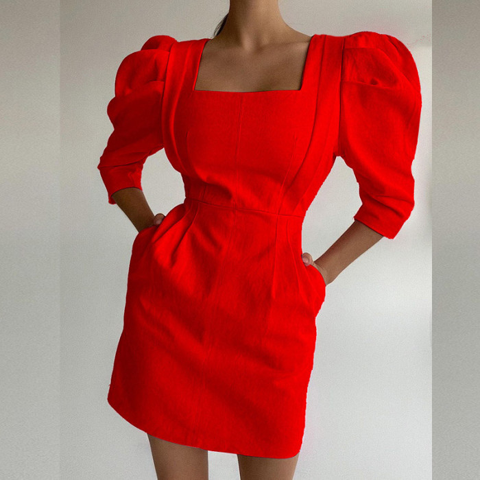 Elegant 3/4 Sleeve Solid Color Fashion Square Neck Linen Mini Dress