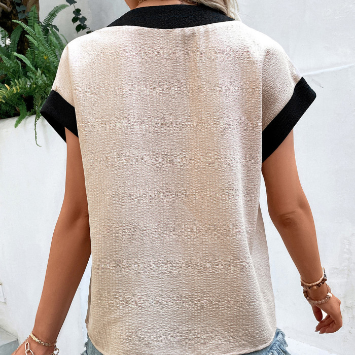 Summer Women's Contrasting Color V-neck Raglan Sleeves Loose Casual  T-Shirts