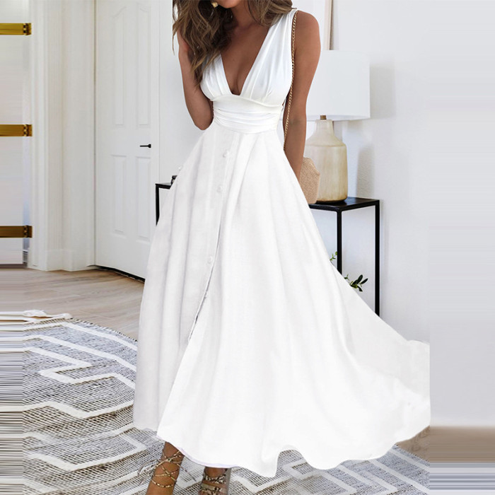 Summer V Neck Solid Color Elegant Casual Sleeveless High Waist Party  Midi Dress