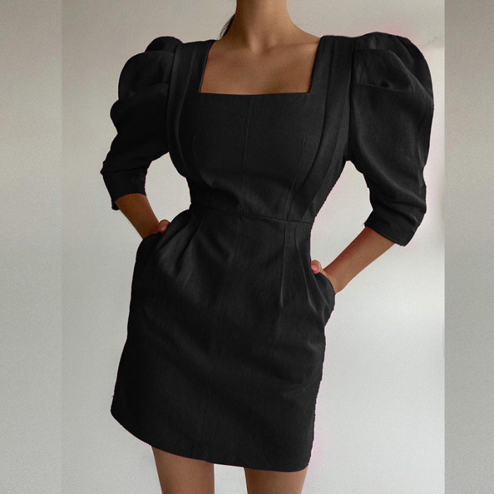 Elegant 3/4 Sleeve Solid Color Fashion Square Neck Linen Mini Dress