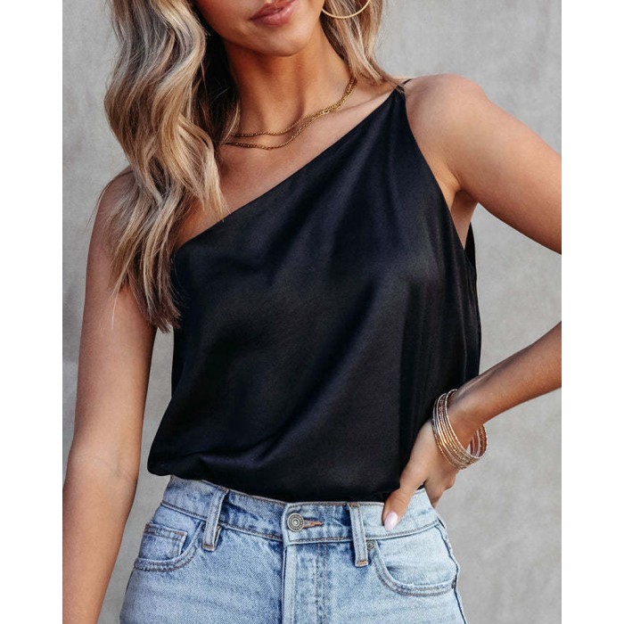 Summer Fashion Satin Sling Casual Slant Collar Chic  Blouses & Shirts