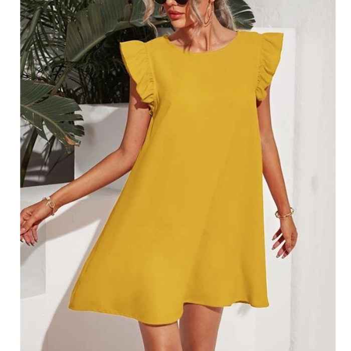 Women Fashion Solid Color Casual Loose Bohemian Sleeveless Mini Dress