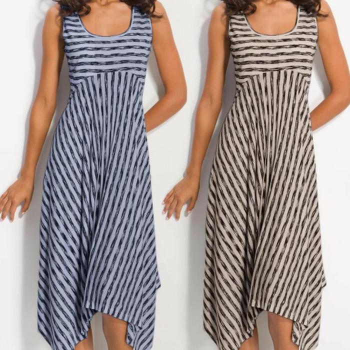 Summer U-neck Sleeveless Irregular Stripe Print Sexy Casual Midi Dress