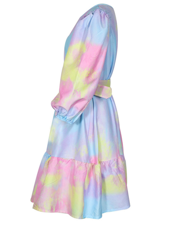 Women's Elegant Tie Dye Print Ruffle O-Neck A Line Mini Dress