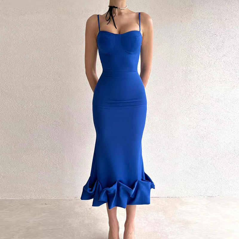 Summer Sleeveless Temperament Fishtail Sexy Solid Color  Elegant Backless Party  Maxi Dress