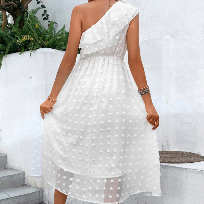 Fashion Casual Solid Color Slanted Shoulder Elegant Slit Sleeveless Ruffle  Midi Dress