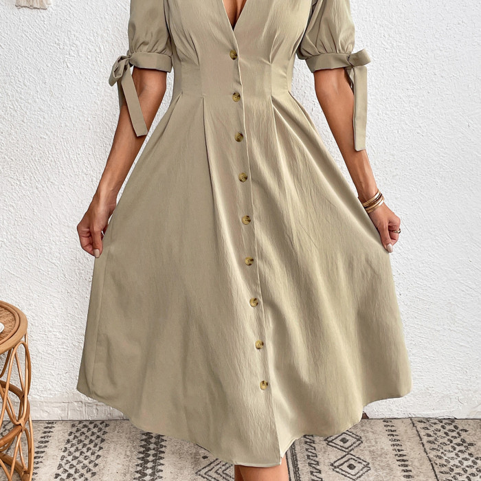 Summer Women's Fashion Casual Elegant Button Short Sleeve Midi Dress