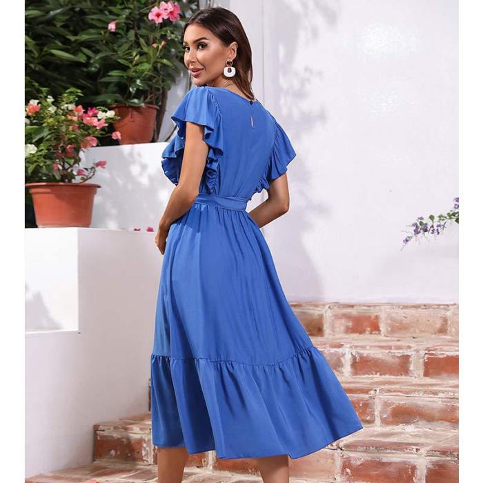 Fashion Simple Summer Lace Waist Casual  Midi Dress